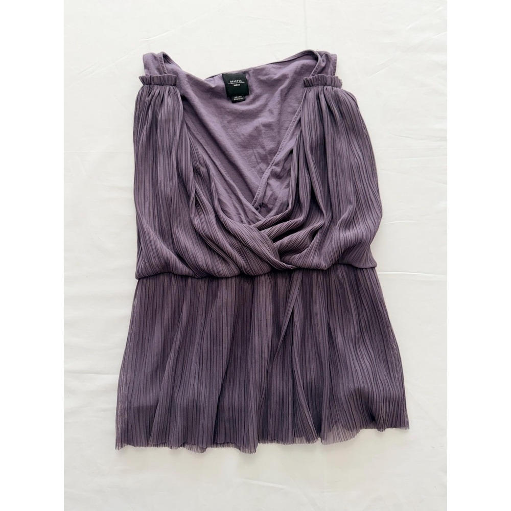 Deletta Tank Top Womens Medium Purple Pleated V Neck Sheer Lined Jersey Stretch